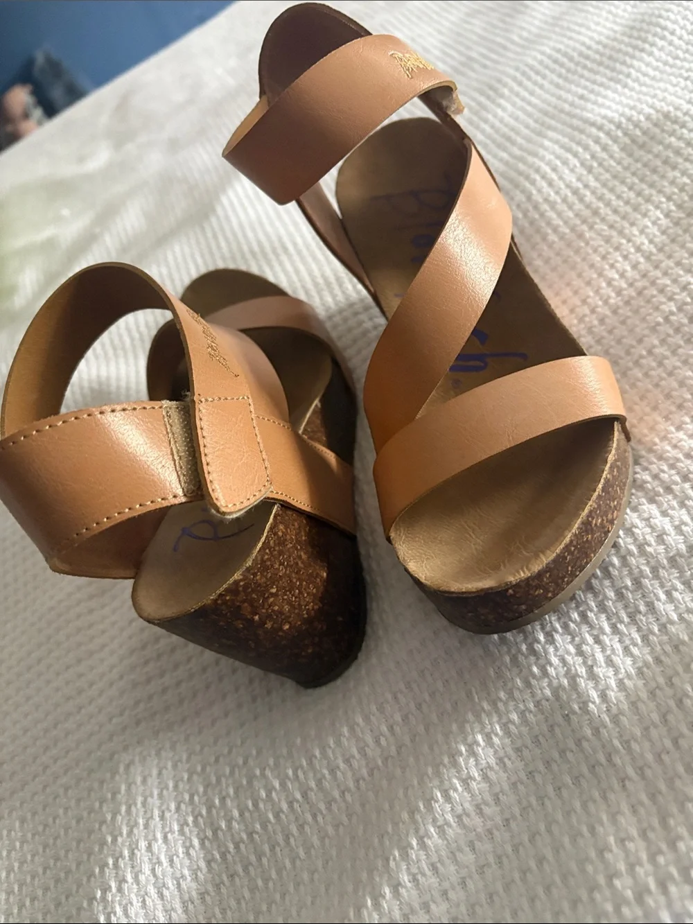 Blowfish Tan Leather Cork Wedge Sandals